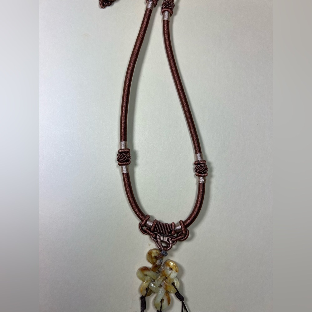 Carved Agate Infinite Knot and Tahitian Pearls with Silk woven Chain Necklace - Picture 6 of 9
